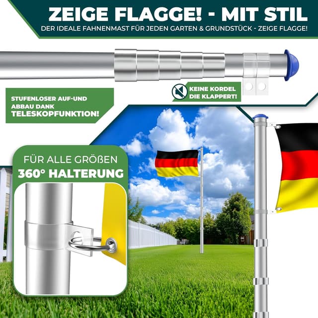 Detalle de KESSER® Teleskop Fahnenmast aus Aluminium, 6,30 m inkl. Bodenhülse (60 cm) & Deutschlandflagge, höhenverstellbar