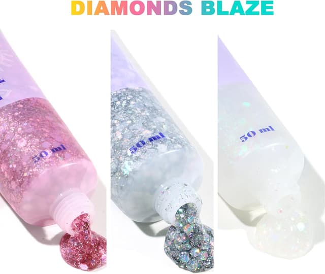 Detalle de URAQT Glitter Corpo, 3 gel glitterati da 50 ml (Argento+Rosa+Bianco) per viso, unghie, occhi, labbra, capelli e corpo