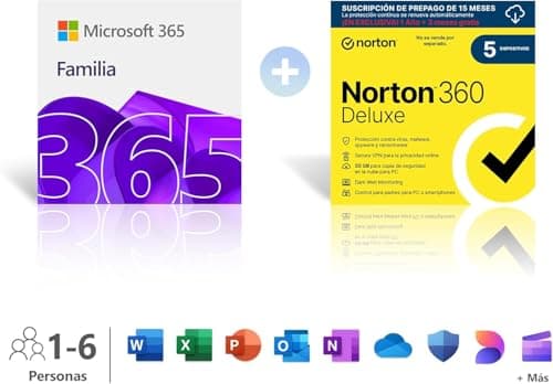 Detalle de Microsoft 365 Familia (12 meses) hasta 6 personas con Copilot, 6 TB OneDrive y Norton 360 Deluxe