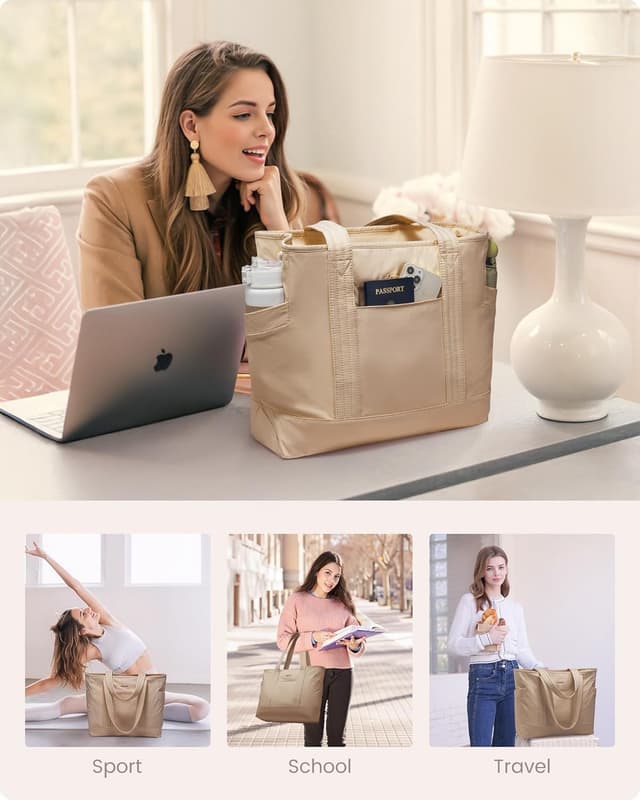 Detalle 2 de LOVEVOOK Laptoptasche Damen (bis 15,6 Zoll) als Shopper mit Kulturbeutel, Yoga-Gurt und Gepäckgurt – Khaki