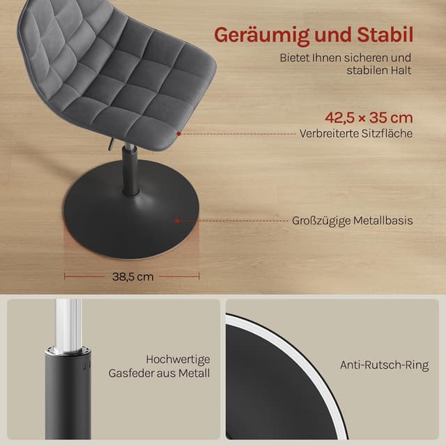 Detalle de WOLTU Schminktisch Stuhl / Hocker mit Rückenlehne – höhenverstellbar, 360° drehbar, Samt, dunkelgrau