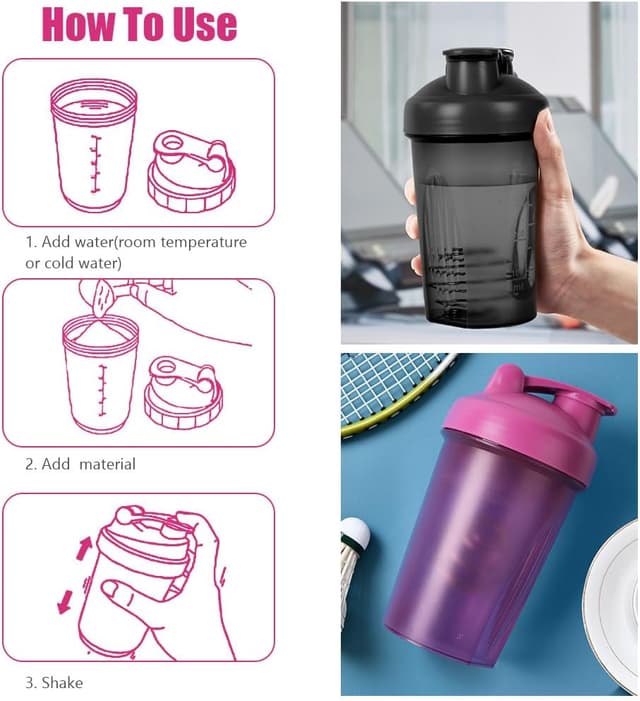 Thumbnail 1 de ACWOO 500ml Protein Shaker Bottle (2 pack) with Stainless Steel Mixing Ball – Leak Proof Flip Lid, BPA Free, Black + Purple