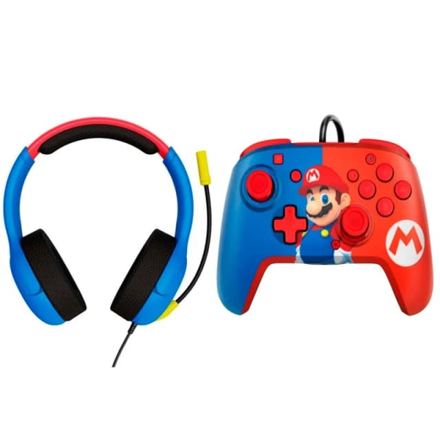 Detalle de PDP Super Mario Bros Pack Rematch Deluxe (mando con cable) + Airlite LVL40 Mario (auriculares gaming)