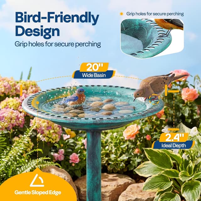 Detalle de VIVOHOME Garden Birdbath (71x50x50cm) in green with polyresin effect & 3 ground stakes