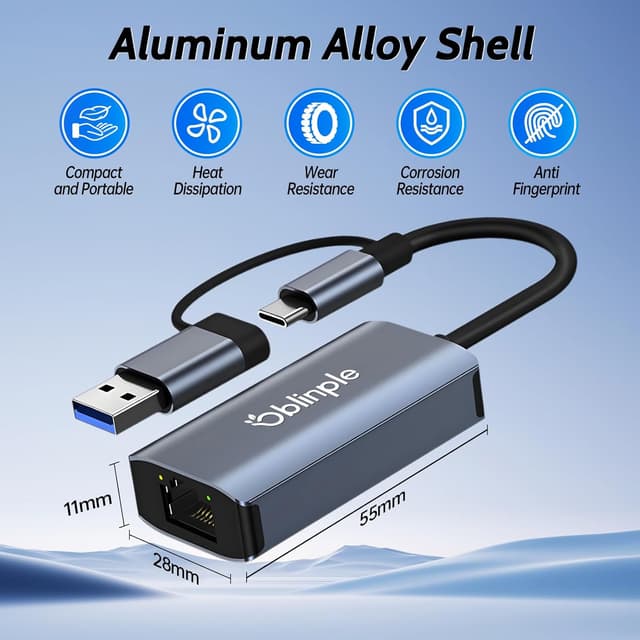 Detalle de Oblinple USB‑C-auf-Ethernet-Adapter (1000 Mbps) – USB 3.0 auf RJ45 Gigabit LAN