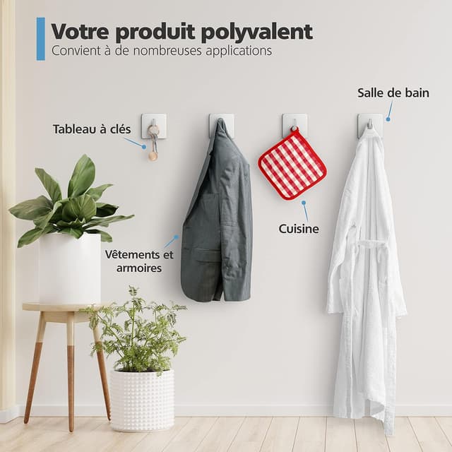 Detalle de VIREA lot de 4 crochets muraux auto-adhésifs en acier inoxydable (sans perçage), forte adhérence jusqu’à 8 kg par crochet