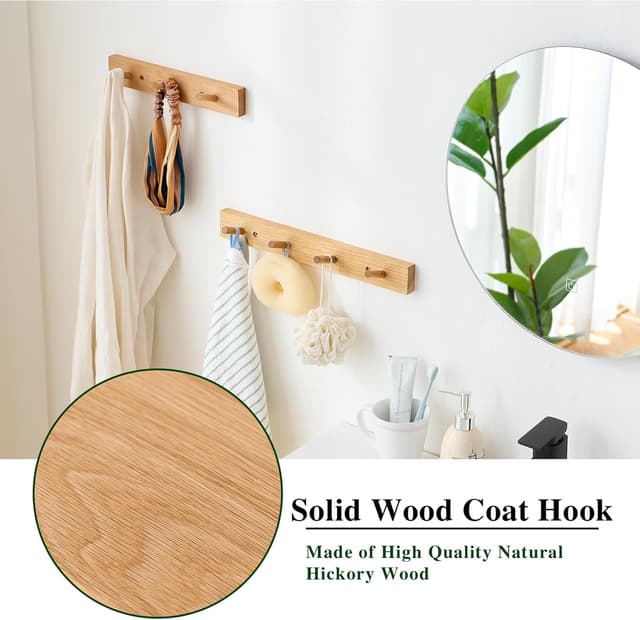 Detalle de Treoakwis solid oak wall coat rack with shelf and 4 hooks (15.7 inches / 40 cm)