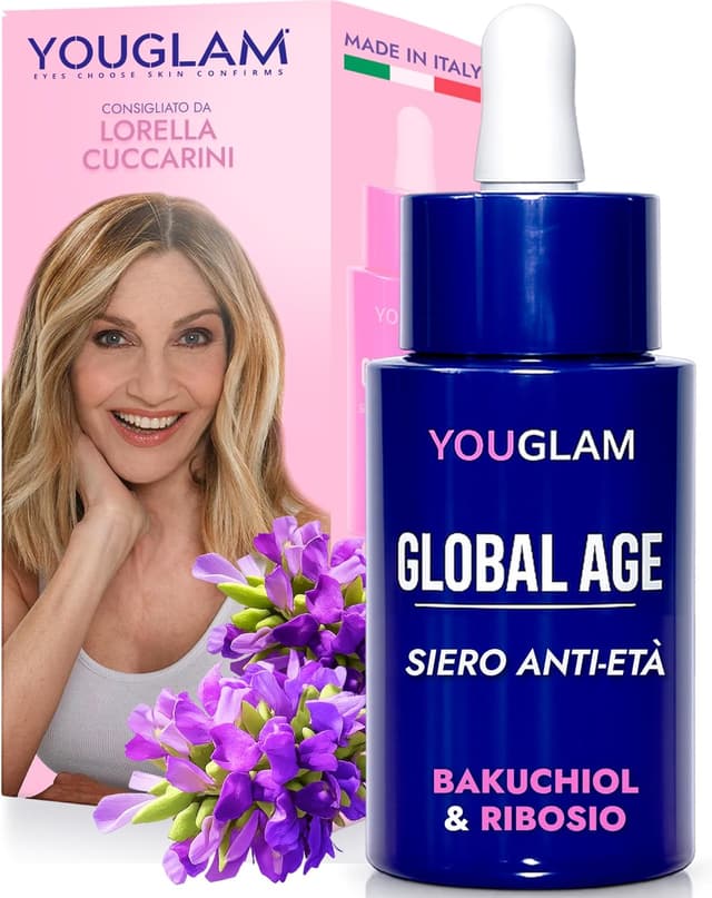 Detalle de YOUGLAM Global Age siero viso antirughe con acido ialuronico, bakuchiol e ribosio (30 ml)
