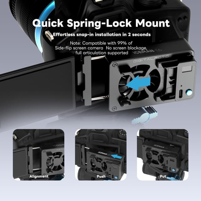 Detalle de DFCINE ICEMAN-E6 Ventola di raffreddamento con display LED per Canon R5/R6/90D e altre fotocamere