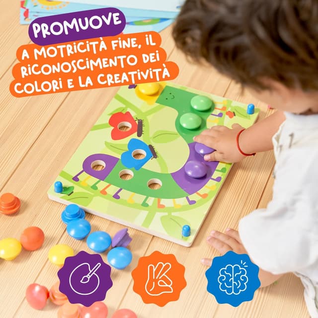 Detalle de Nene Toys Gioco Chiodini: puzzle educativo in legno Montessori con bottoni colorati (2+ anni)