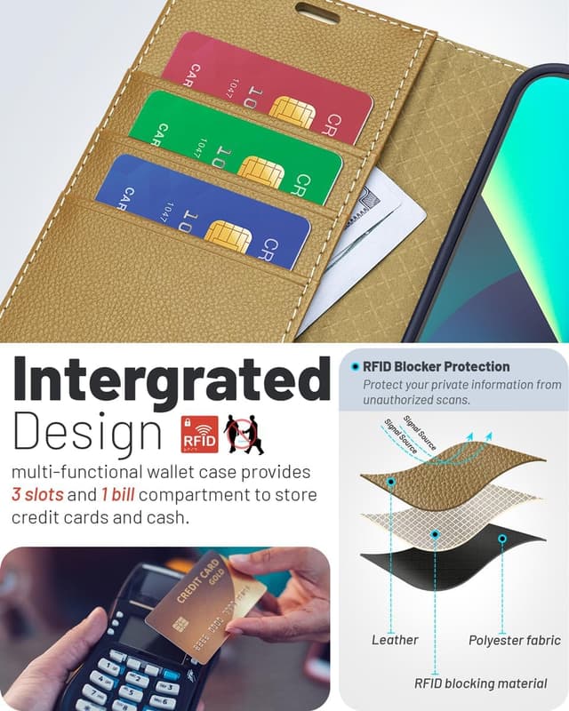 Detalle de OCASE iPhone 16 Pro Hülle mit Kartenfach, Standfunktion und RFID-Schutz (PU Leder, Klapphülle) – Kupfer