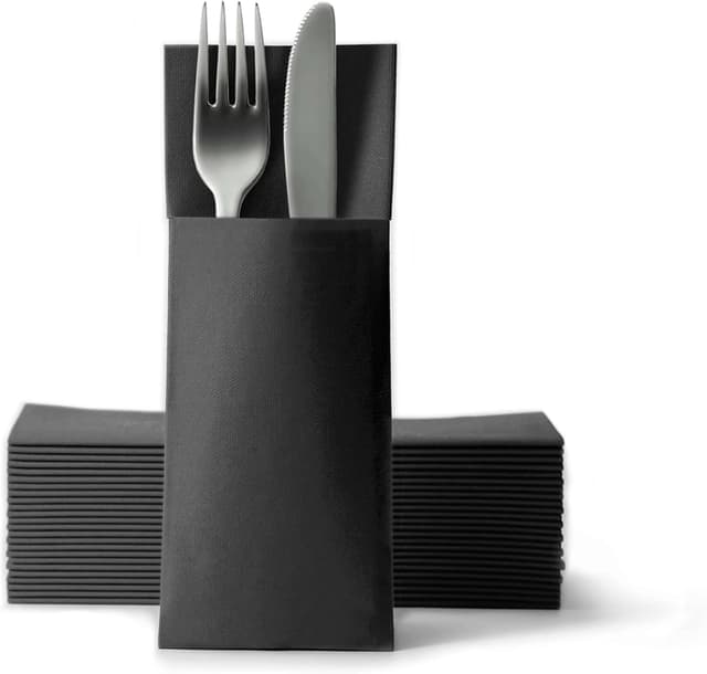 Detalle de Airlaid Besteckservietten von Gastroservietten.de – Bestecktaschen mit Serviette, 32 × 40 cm, schwarz (50 Stück)