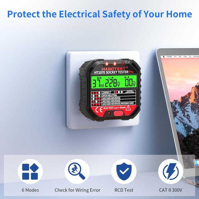 Detalle de HT107E Socket Tester RCD Plug Outlet Tester UK with LCD display