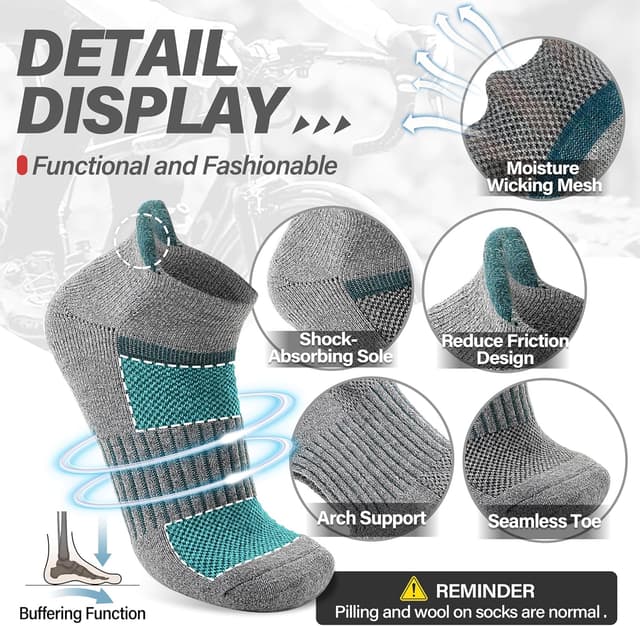 Detalle 2 de Anlisim 6 Pairs Merino Wool Ankle Running & Hiking Socks with Compression Support