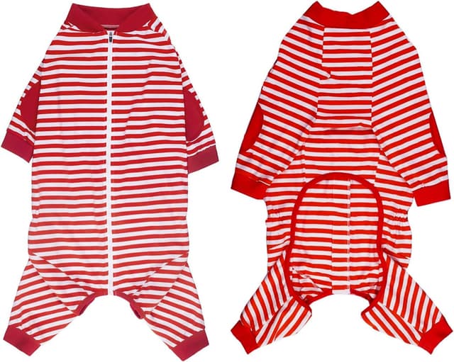 Detalle de BT Bear Large Dog Clothes dog pyjamas jumpsuit (striped cotton, zip) – 8” back length, red