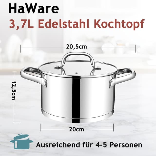 Detalle 2 de HaWare Kochtopf 20 cm aus Edelstahl (Induktion) mit Glasdeckel, 3,7 l