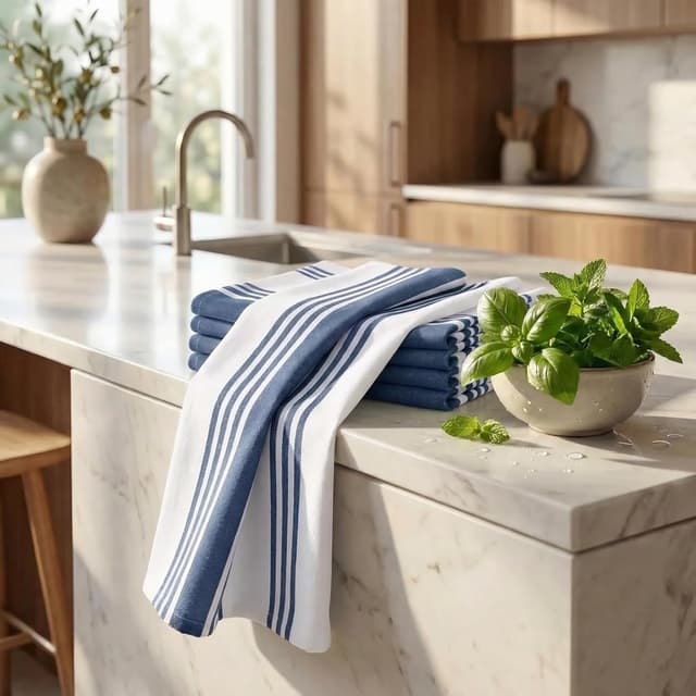 Detalle 2 de Urban Villa Kitchen Towels Set (Blue & White Striped) — 100% Cotton Dish Cloths, Set of 6, 20x30 Inch