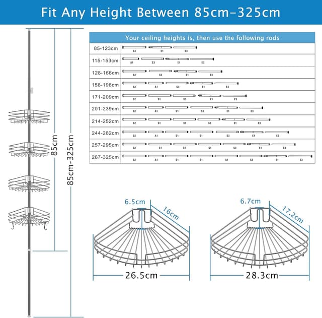 Detalle de KAIMEIYU étagère de douche télescopique sans perçage avec 4 paniers gris (85 à 325 cm)