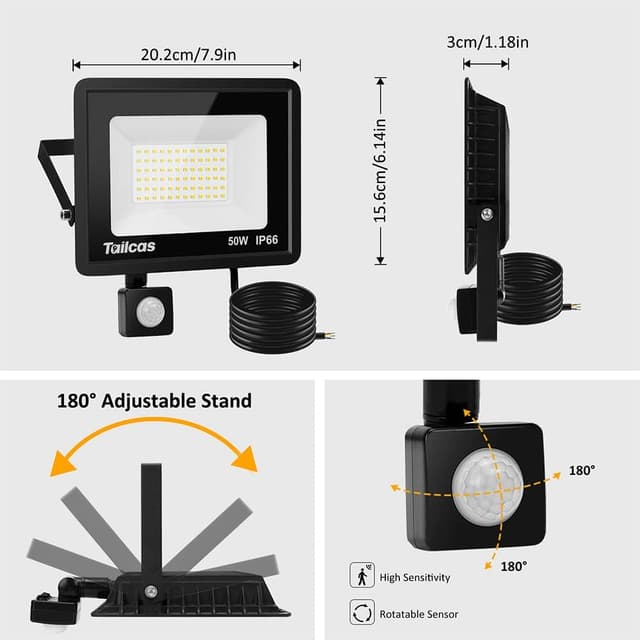 Detalle de Tailcas faretto LED da esterno con sensore di movimento IP66, 72 LED 6500K e 4500 lm (50 Watt)