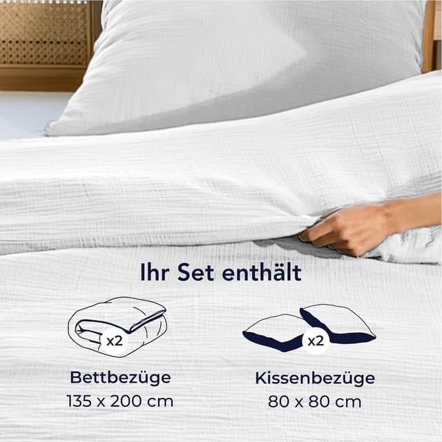 Thumbnail 6 de Dreamzie Musselin-Bettwäsche 135x200 cm (100% Baumwolle) mit Reißverschluss, 2 Kissenbezüge 80x80 cm – Weiß
