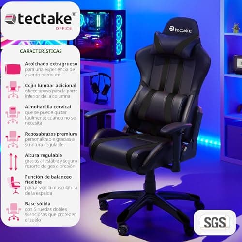 Detalle de TecTake® Silla Gamer Ergonomica con Reclinable