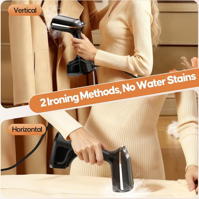 Detalle 1 de PKBD Handheld Clothes Steamer (1800W) with Detachable 300ml Tank, LED Screen & 3 Steam Speeds