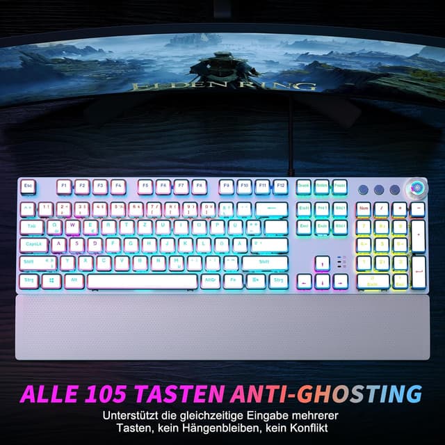 Detalle 2 de TECURS Gaming Mechanische Tastatur mit magnetischer Handgelenkauflage, rote Schalter (QWERTZ, DE-Layout) und 19 LED-Modi