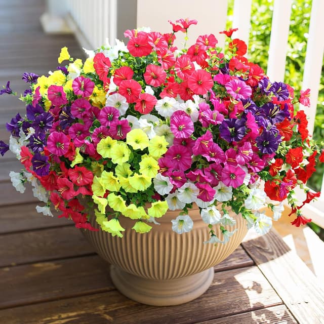 Detalle de HyeFlora 12 Bundles Outdoor Artificial Flowers (Morning Glory) with UV-Resistant Eucalyptus Leaves