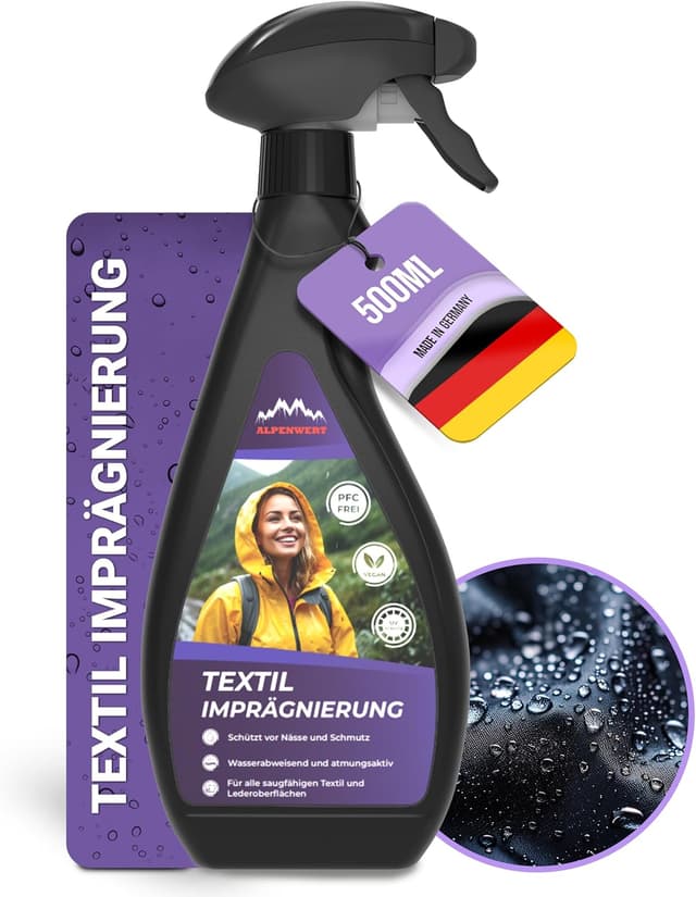 Detalle de Alpenwert Textil Imprägnierung 500 ml (LANGZEIT-ABPERL-Schutz) für Outdoor-Textilien, Schuhe und mehr
