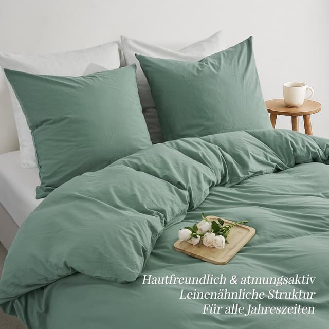 Detalle de Duvetnova Bettwäsche 220x240 cm aus vorgewaschener Baumwolle (grün) mit Reißverschluss