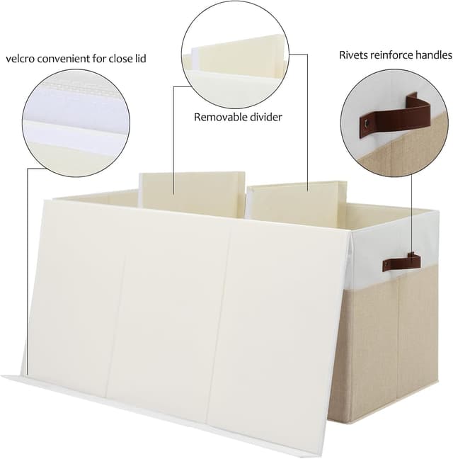 Detalle de Gowee Extra Large Toy Storage Box with Lid (35.5" x 17" x 17") — Beige and White