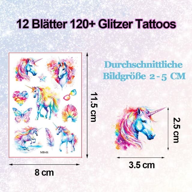 Detalle de Einhorn Glitzer Tattoo Set Kinder – 12 Blätter Einhorn-Glitzertattoos als Partygeschenk