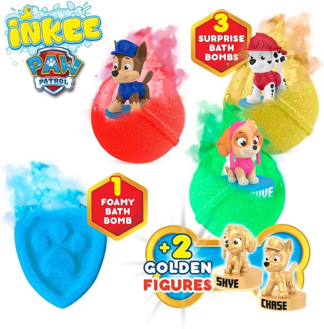 Detalle de INKEE Paw Patrol Gift Box: 4 kids bath bombs with almond oil and 5 surprise Paw Patrol figures