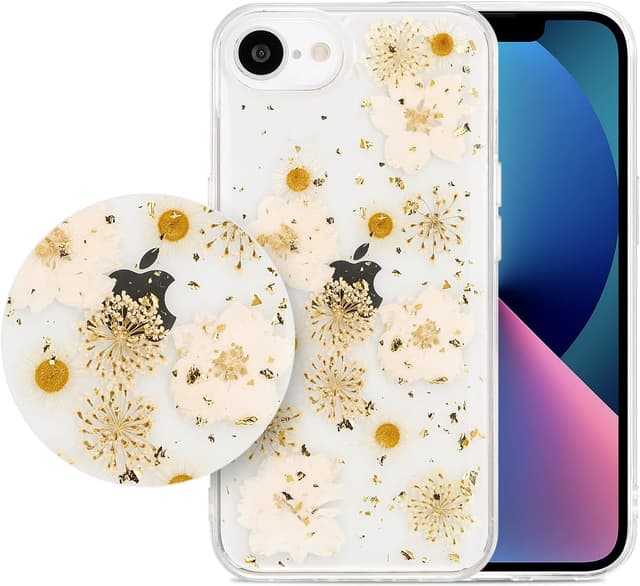 Detalle de Riccase Clear iPhone 16e Case with Real Dried Flower – Shockproof TPU Bumper (White Flower)