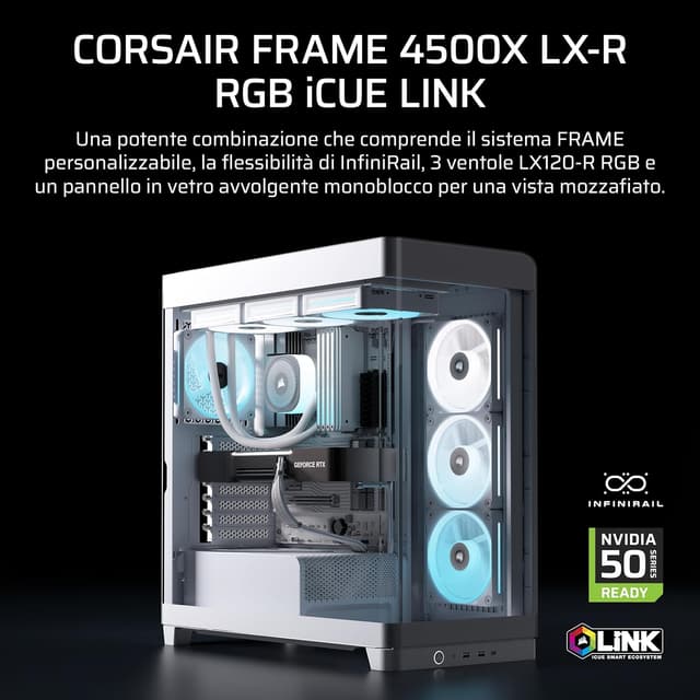 Detalle 2 de CORSAIR iCUE FRAME 4500X LX-R RGB LINK Case Mid-Tower bianco con vetro panoramico e ventole LX120R