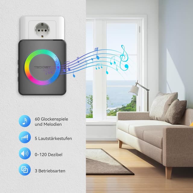 Detalle de TECKNET Funkklingel Set mit 600 m Reichweite, IP65 und Plug-In-Empfänger (1 Sender, 1 Empfänger, Klingelknopf)