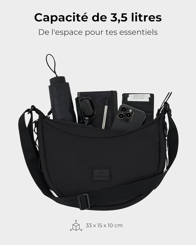 Detalle 2 de Johnny Urban Kaia Medium Puffer Moon Bag bandoulière en nylon noir, demi-lune imperméable (sacoche demi lune)