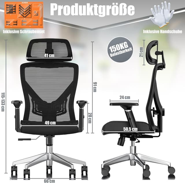 Detalle 2 de KESSER ergonomischer Bürostuhl mit verstellbaren Armlehnen, Lordosenstütze und Kopfstütze