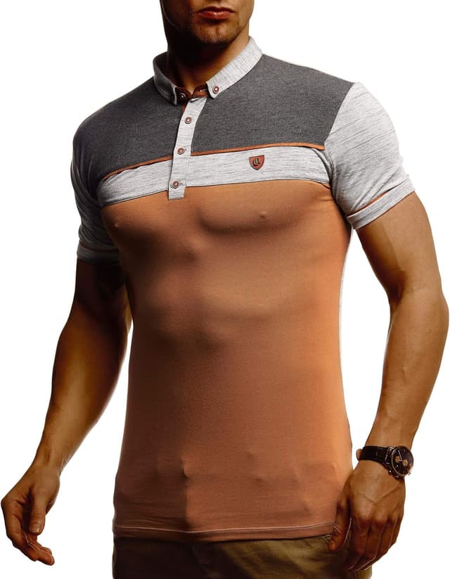 Detalle 2 de Leif Nelson LN1420 : t-shirt à col polo homme en coton, coupe ajustée (noir/blanc, gris mélangé) jusqu’à XL