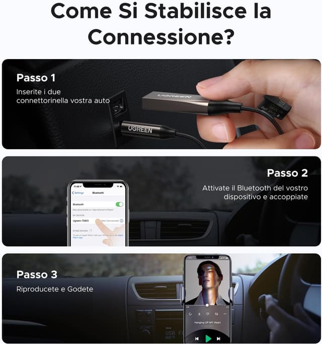 Thumbnail 5 de UGREEN Ricevitore Bluetooth 6.0 per auto con microfono e jack 3,5 mm