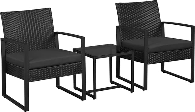 Detalle de Yaheetech set mobili da giardino in poly rattan con 2 sedie e tavolino per balcone, nero con cuscini