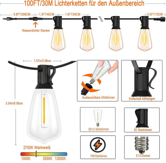 Detalle de LED Lichterkette Außen 30 m mit 50+2 warmweißen ST38 Kunststoffbirnen, IP44