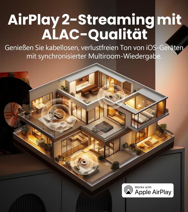 Detalle de Edifier S300 kabelloser Hi‑Fi‑Tischlautsprecher mit AirPlay 2, AirPlay‑Multiroom und Fernbedienung (Retro‑Walnussoptik)