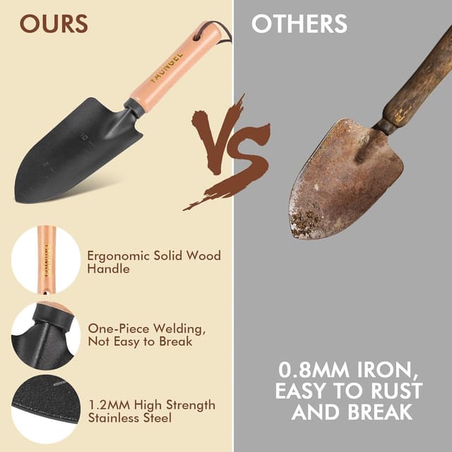 Detalle de YAUNGEL set di attrezzi da giardinaggio in acciaio inossidabile (10 pezzi) con manico in legno antiscivolo e borsa organizer