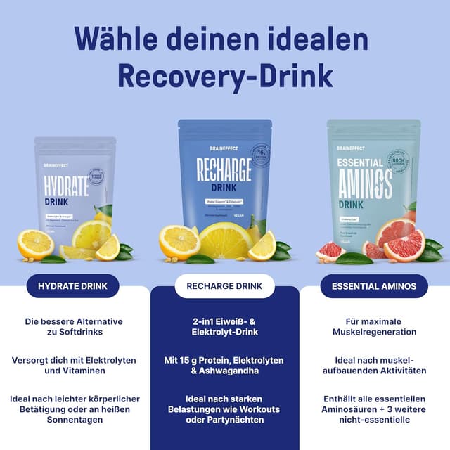 Detalle de Braineffect Recharge Premium Hydratationsmischung (360 g) – Elektrolyte ohne Zucker mit Stevia, EAA & BCAA, Zitronengeschmack