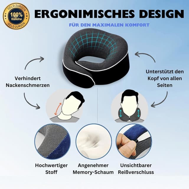 Detalle de Dreamjoys Reisekissen „Flugzeug 2.0“ – Nackenkissen für Reise, Memory Foam & 360°-Stütze