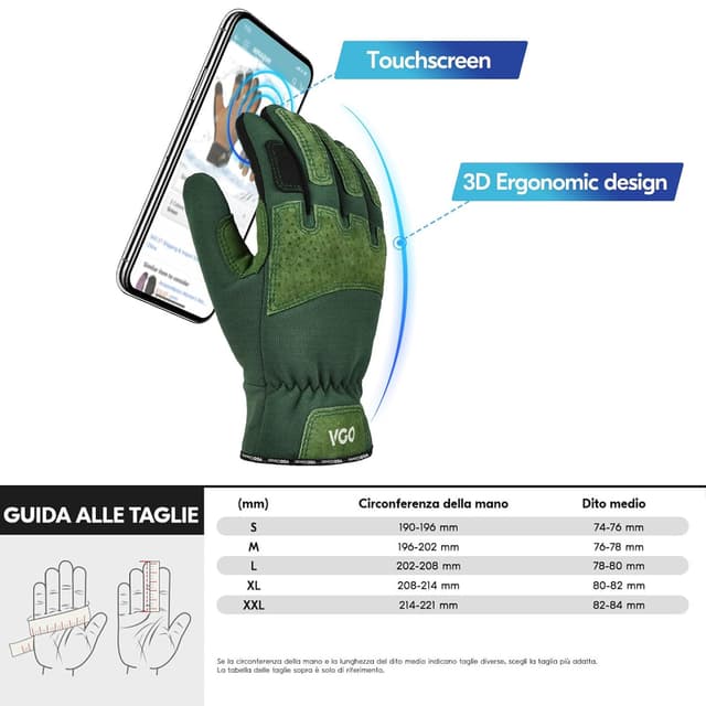 Detalle 2 de Vgo... Guanti da giardinaggio donna antiperforazione antispina con touchscreen (L, verde) SL7471