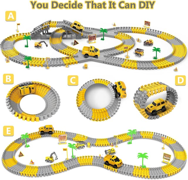 Detalle 2 de Kids Construction Race Tracks Toy Set (253 PCS) with Flexible Track, Cars & Trucks – Age 3–8