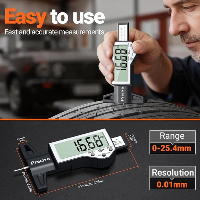 Detalle de Preciva Tyre Tread Depth Gauge & Brake Pad Measuring Tool Kit (Large Screen, 0.01mm accuracy)