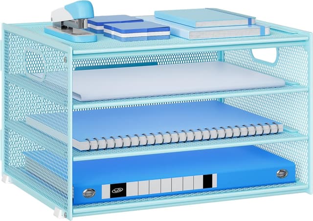 Detalle de Marbrasse Schreibtisch Organizer mit 4-stufigem Metall-Netz (blau) – Briefablage für Büro, Zuhause & Schule